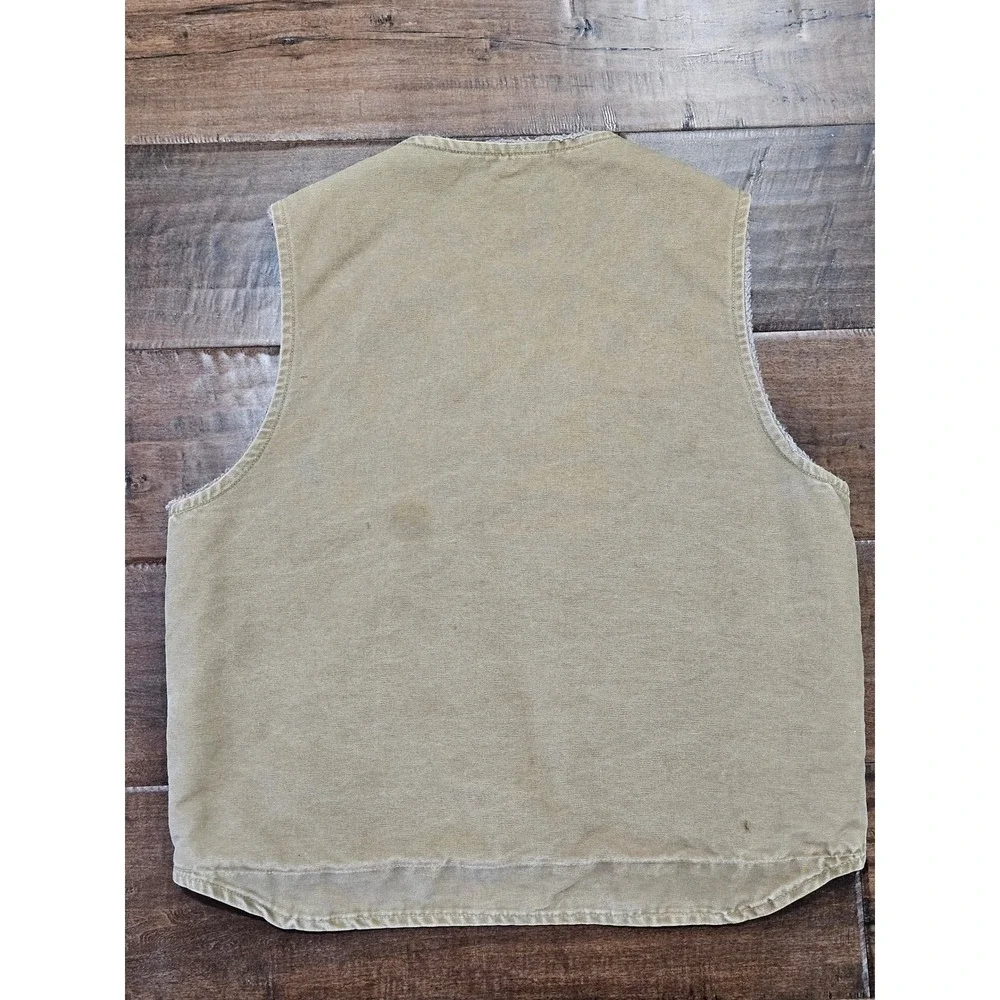 Distressed Carhartt Mens Sherpa Lined Sandstone Duck Vest Tan L Canvas V-Neck